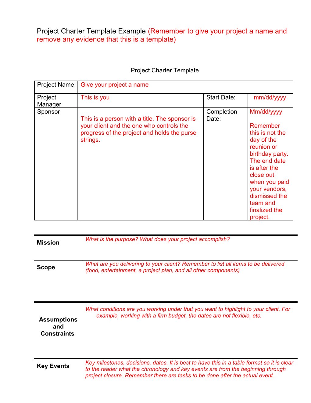 Project Charter Template Example (Remember to Give Your Project a Name and Remove Any Evidence