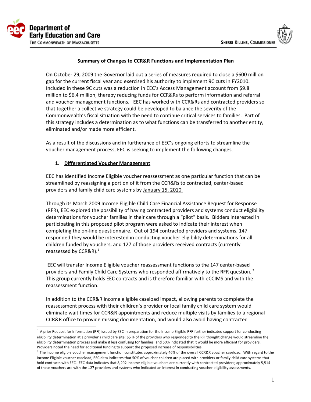 Summary of Changes to CCR&R Functions and Implementation Plan