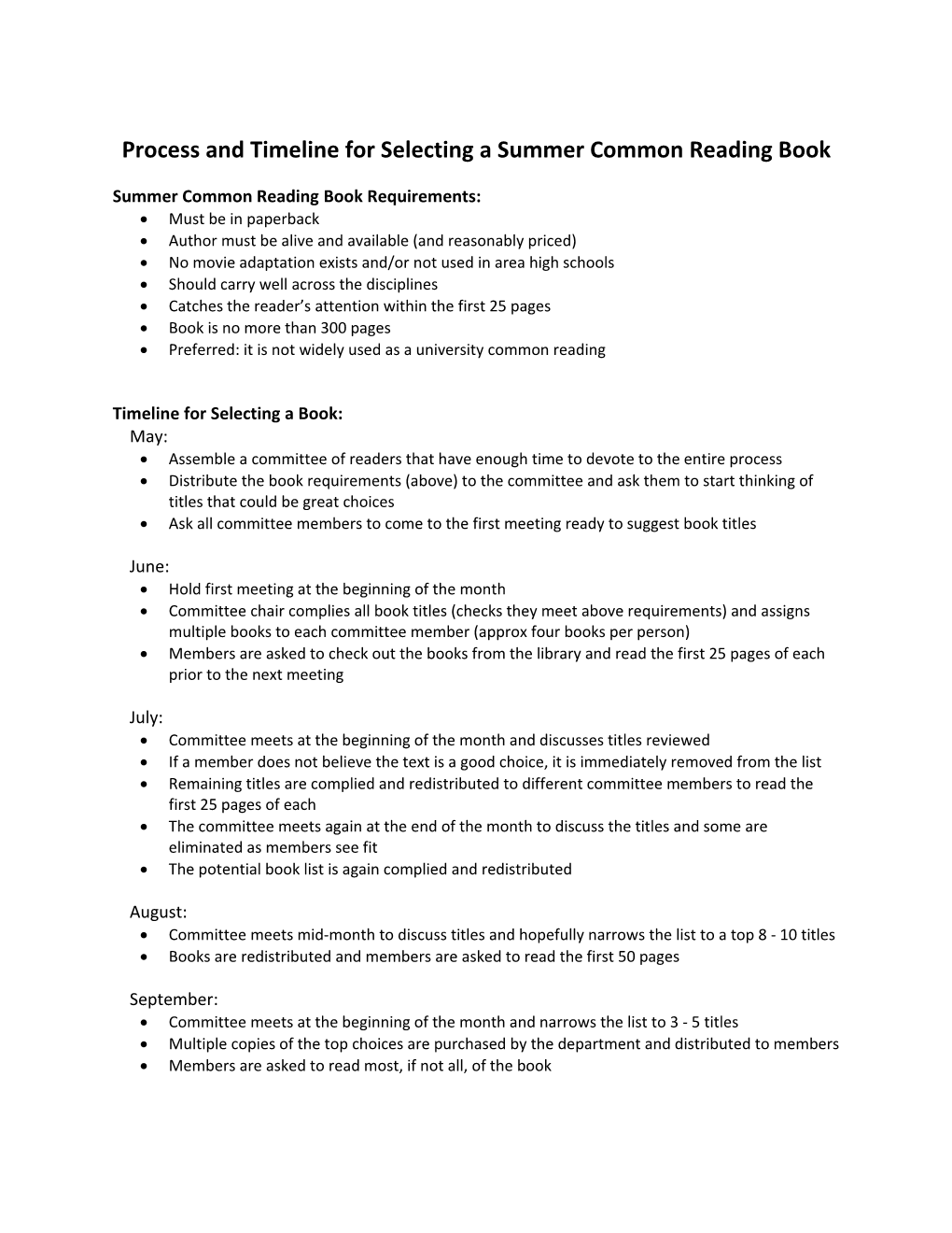 Process and Timeline for Selecting a Summer Common Reading Book