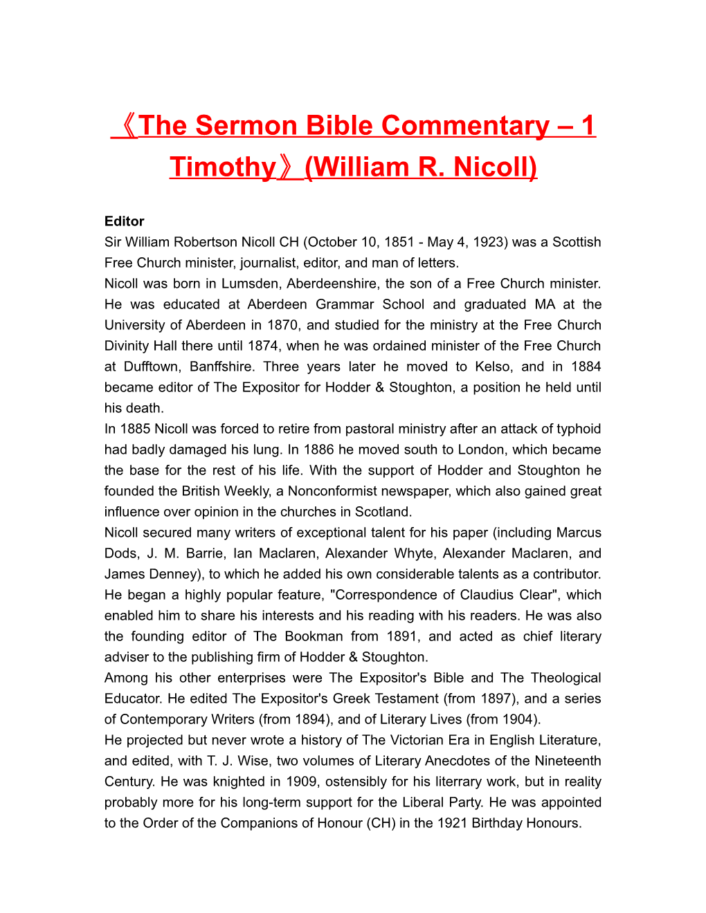 The Sermon Bible Commentary 1 Timothy (William R. Nicoll)