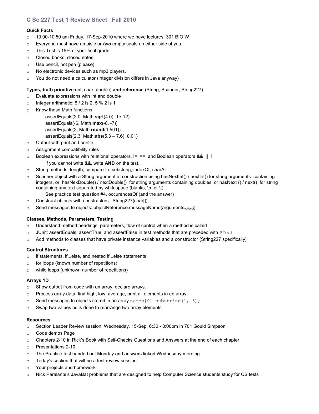 C Sc 227 Test 1 Review Sheet