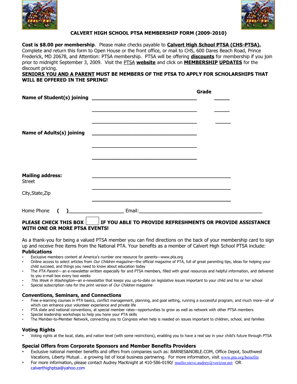 Calvert High School Ptsa Membership Form (2009-2010)