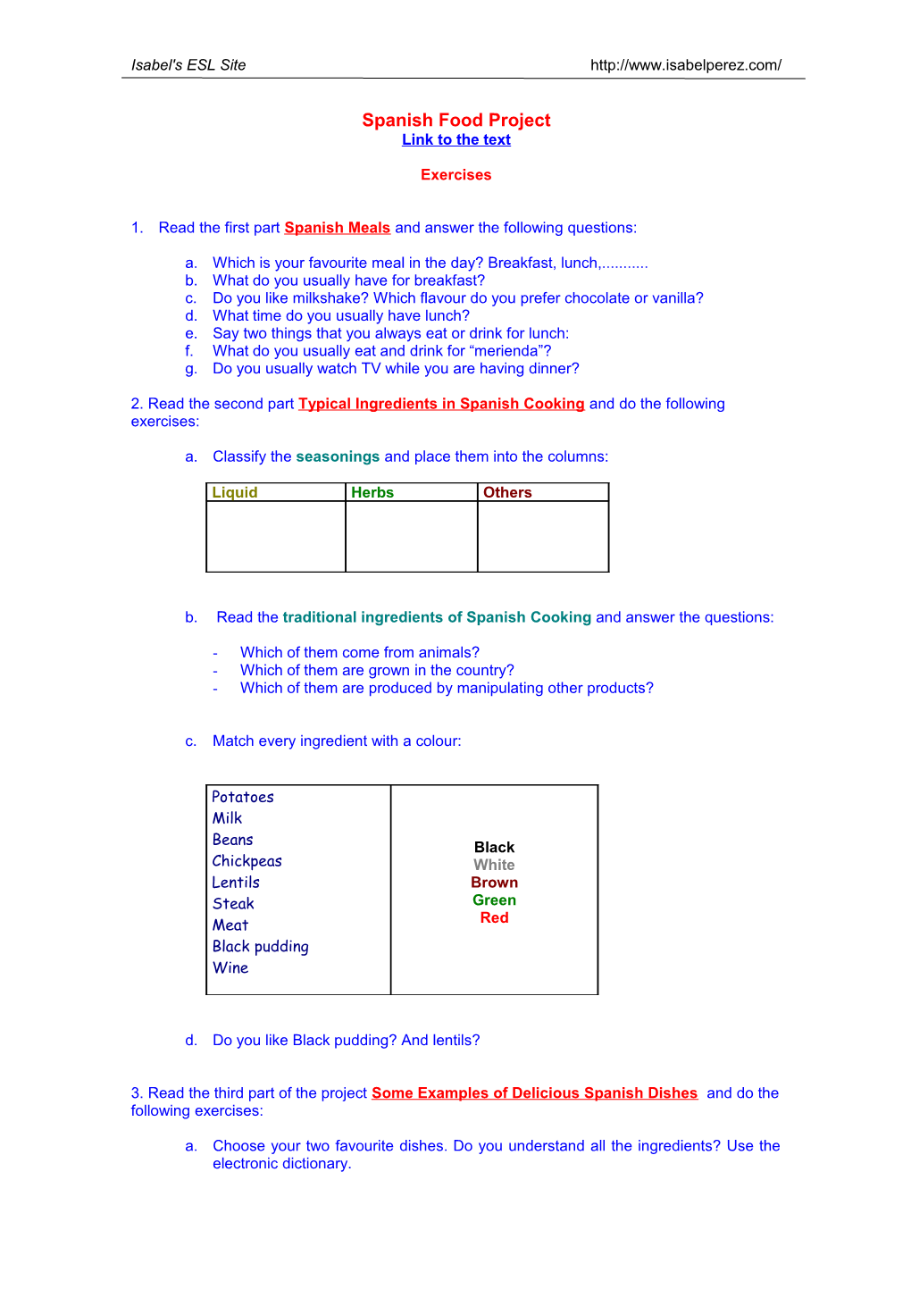 Spanish Food Project Exercises