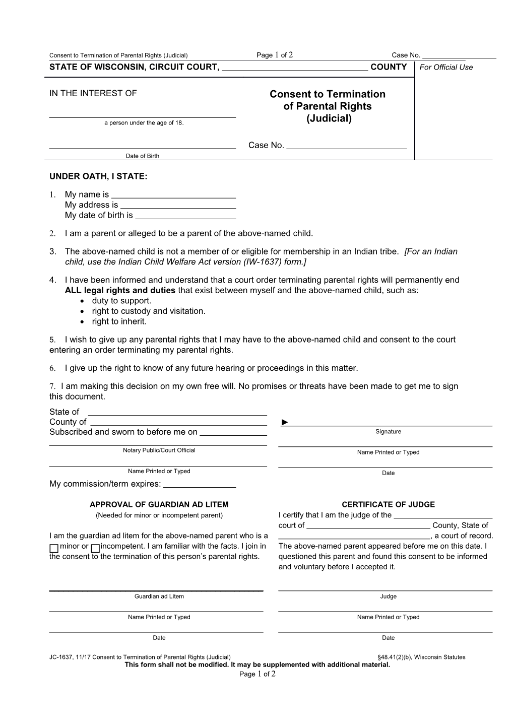 JC-1637: Consent to Termination of Parental Rights (Judicial)