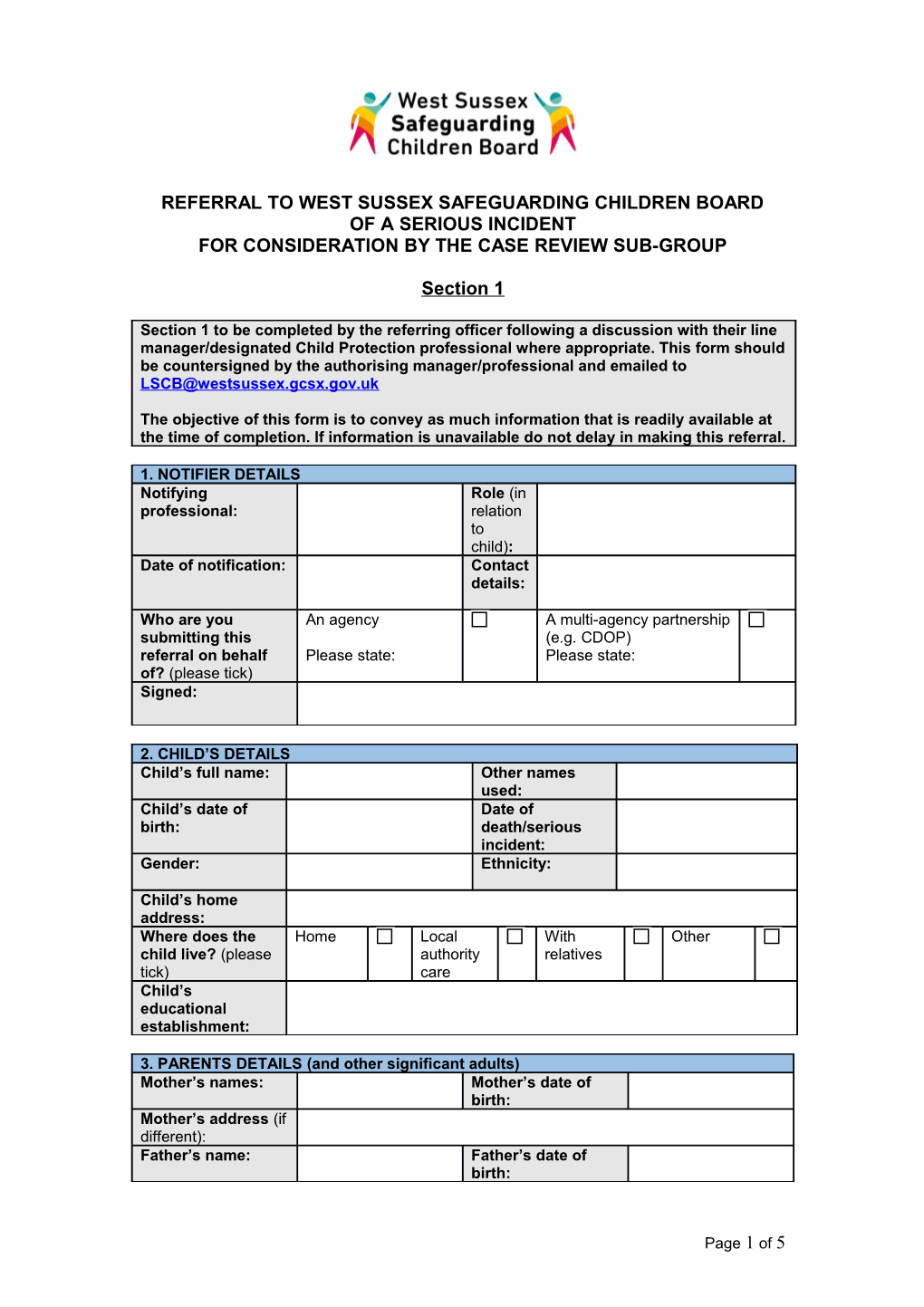 Referral to West Sussex Safeguarding Children Board