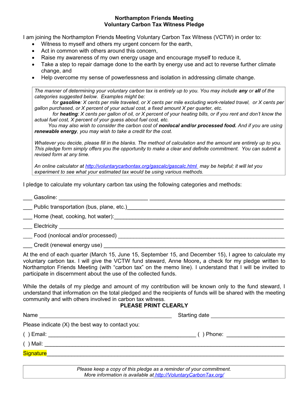 Voluntary Carbon Tax Witness Pledge Form