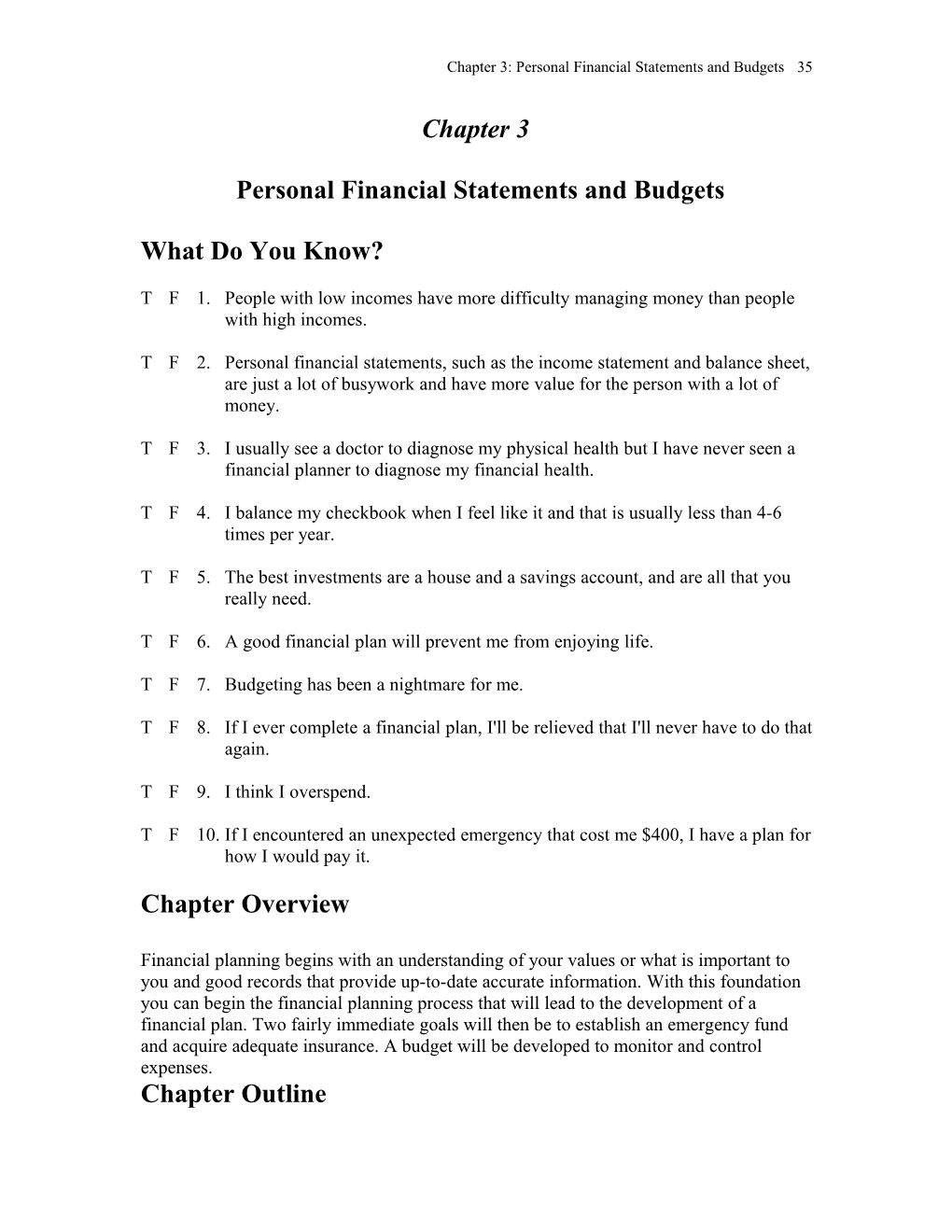 Personal Financial Statements and Budgets