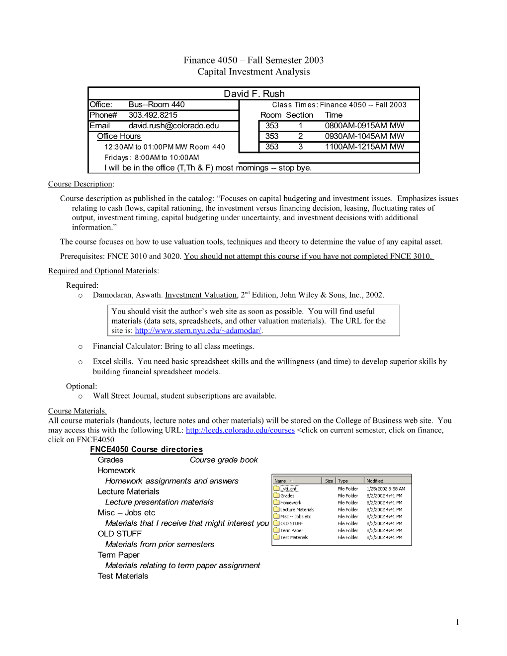 Finance 4050 Fall Semester 2003