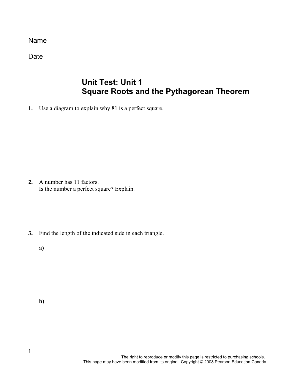 Unit Test: Unit 1 Square Roots and the Pythagorean Theorem