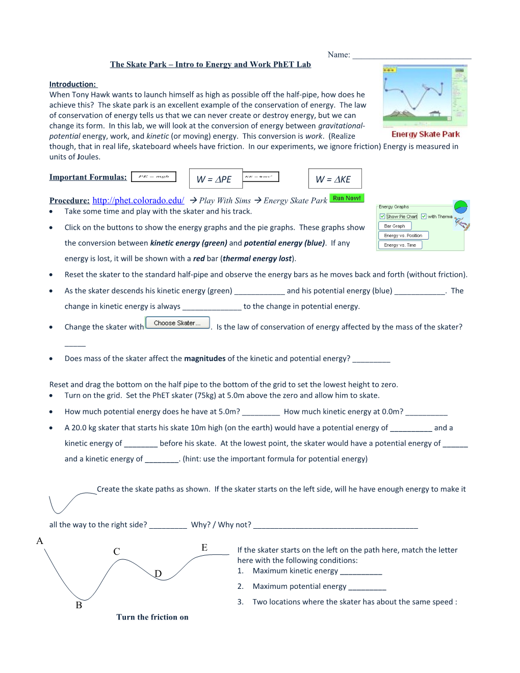 The Skate Park Intro to Energy and Work Phet Lab