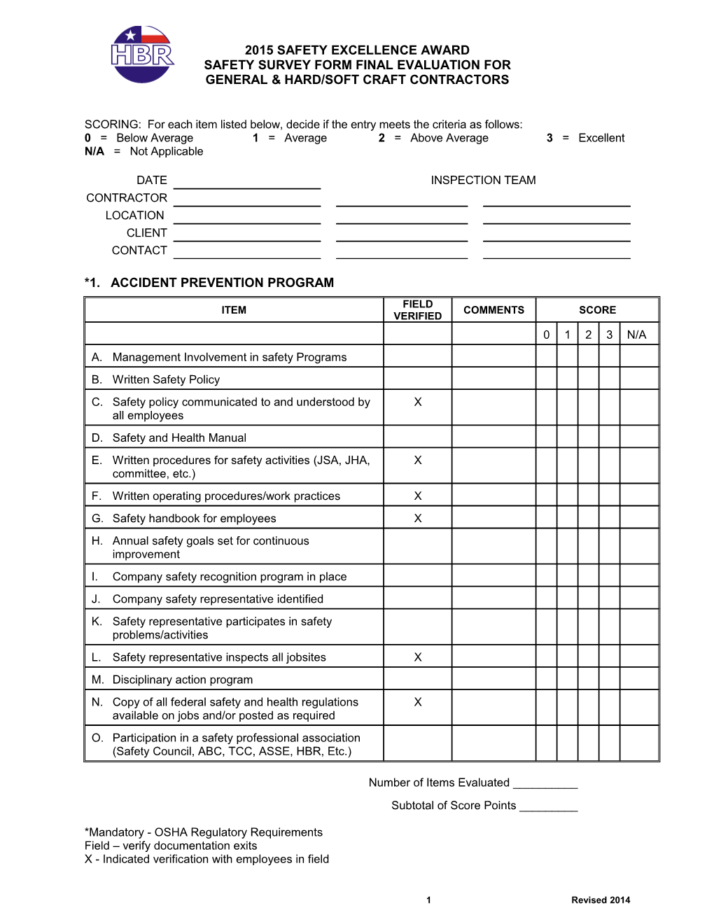 Safety Survey Form Final Evaluation For