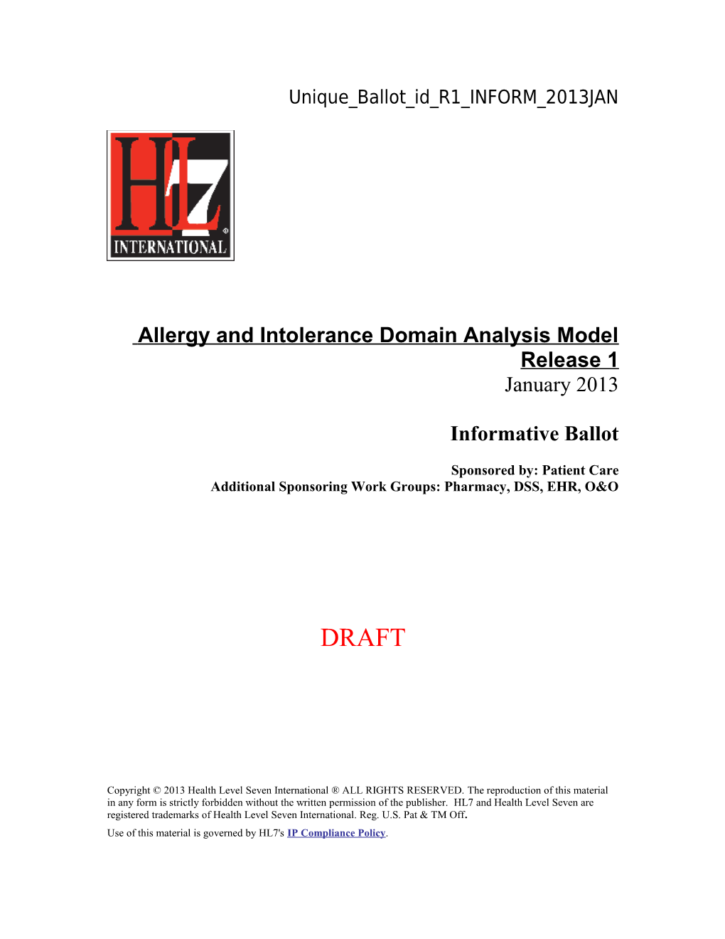 Allergy and Intolerance Domain Analysis Model Release 1