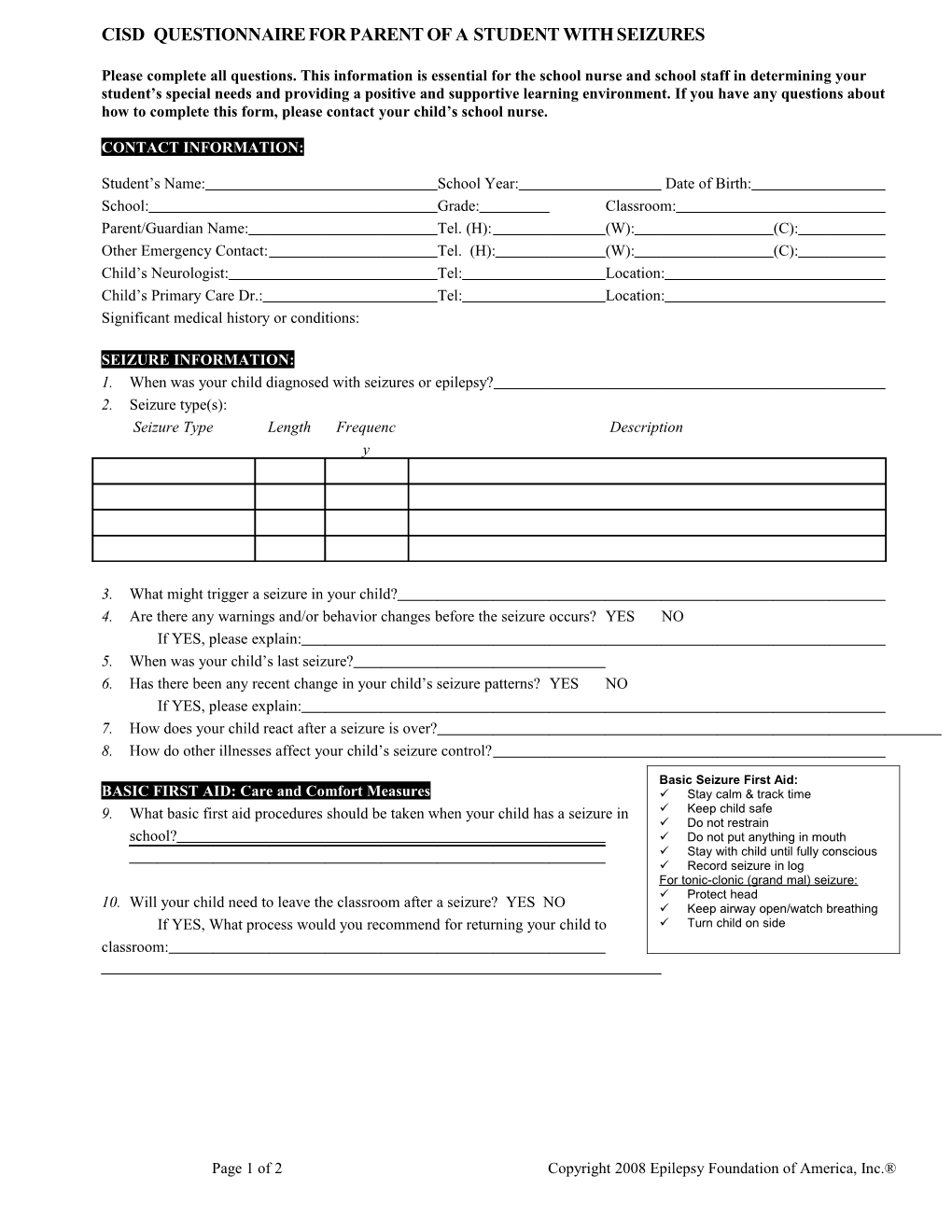 Questionnaire for Parents of Child with Epilepsy