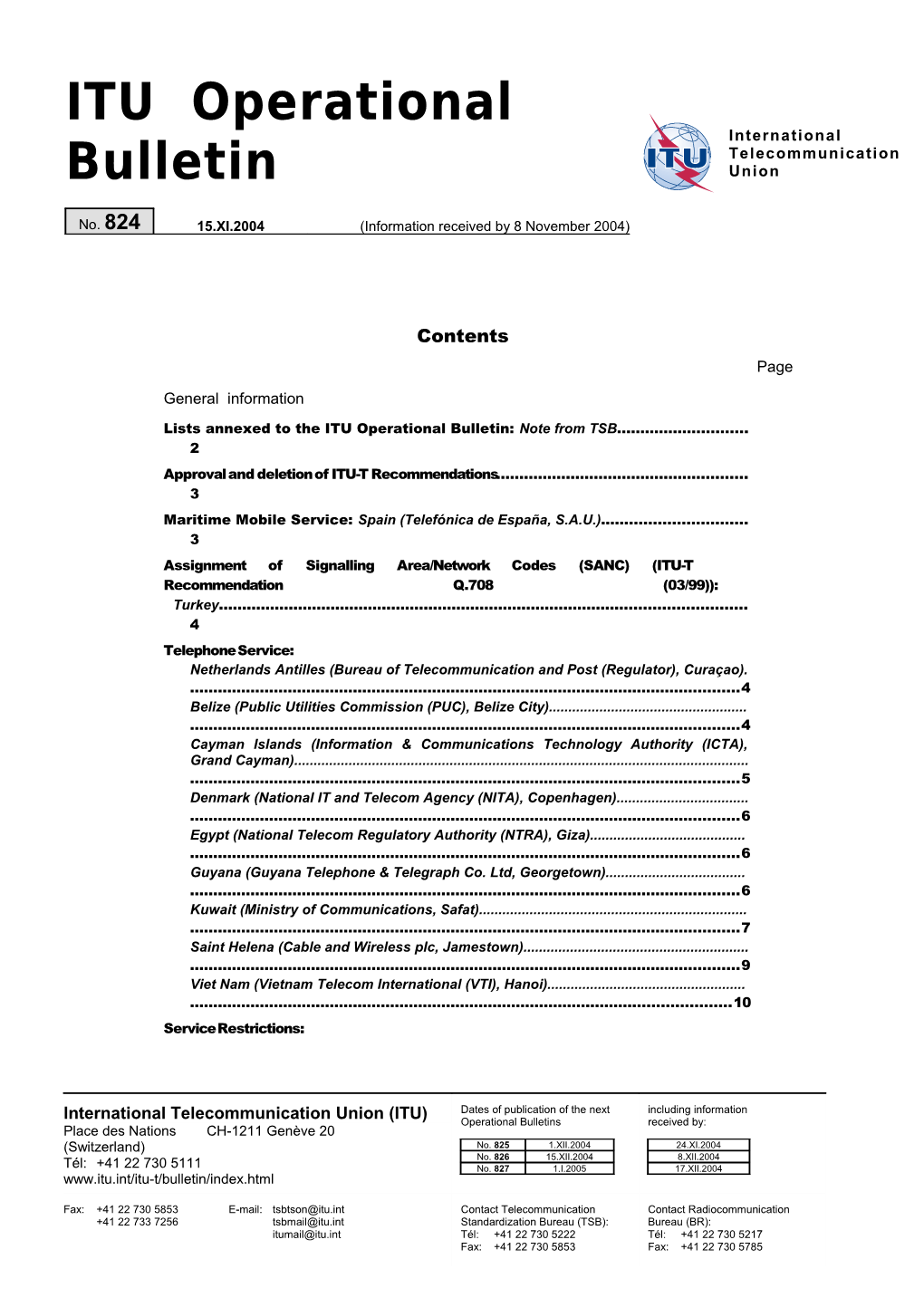 ITU Operational Bulletin No. 824 - 15.XI.2004