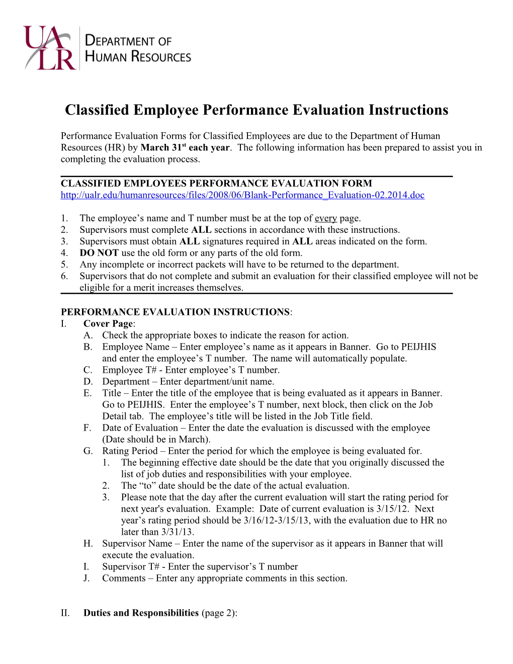 Classified Employee Performance Evaluation Instructions