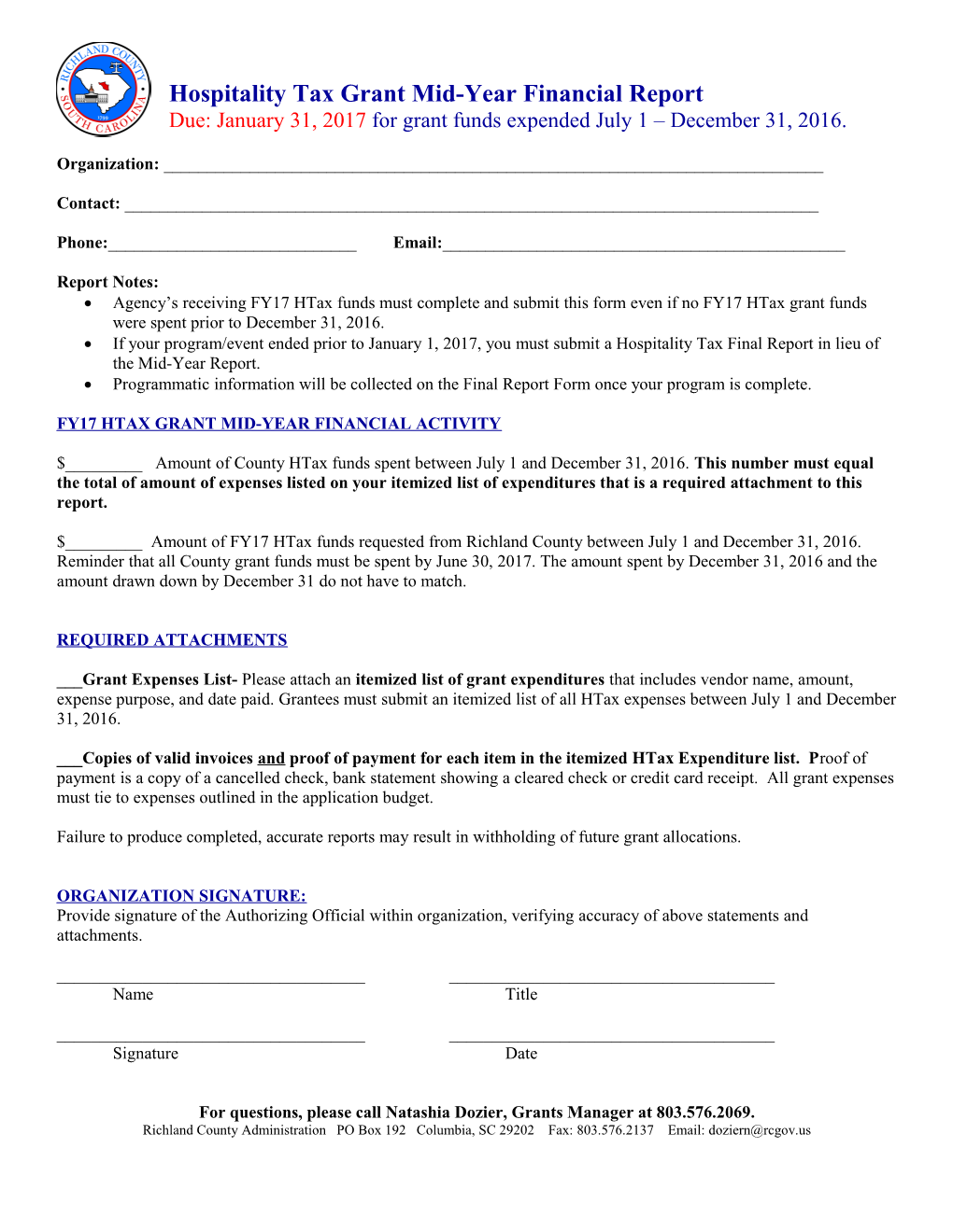 Hospitality Tax Grant Payment Request Form