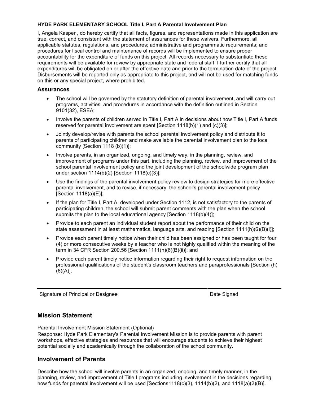 HYDE PARK ELEMENTARY SCHOOL Title I, Part a Parental Involvement Plan