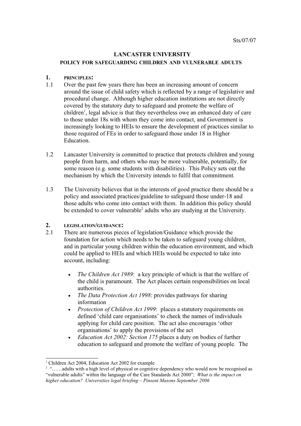 Policy for Safeguarding Children and Young Adults