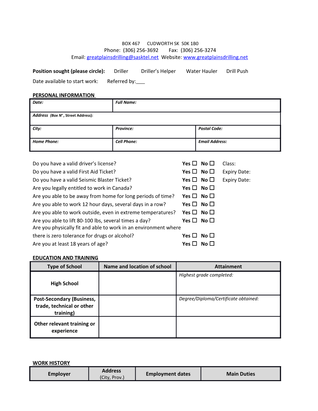 Position Sought (Please Circle): Driller Driller S Helper Water Hauler Drill Push