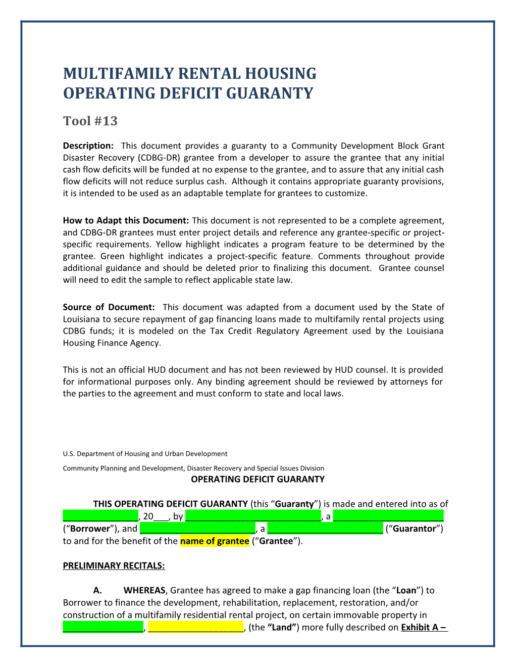 Disaster Recovery Multifamily Rental Operating Deficit Guaranty