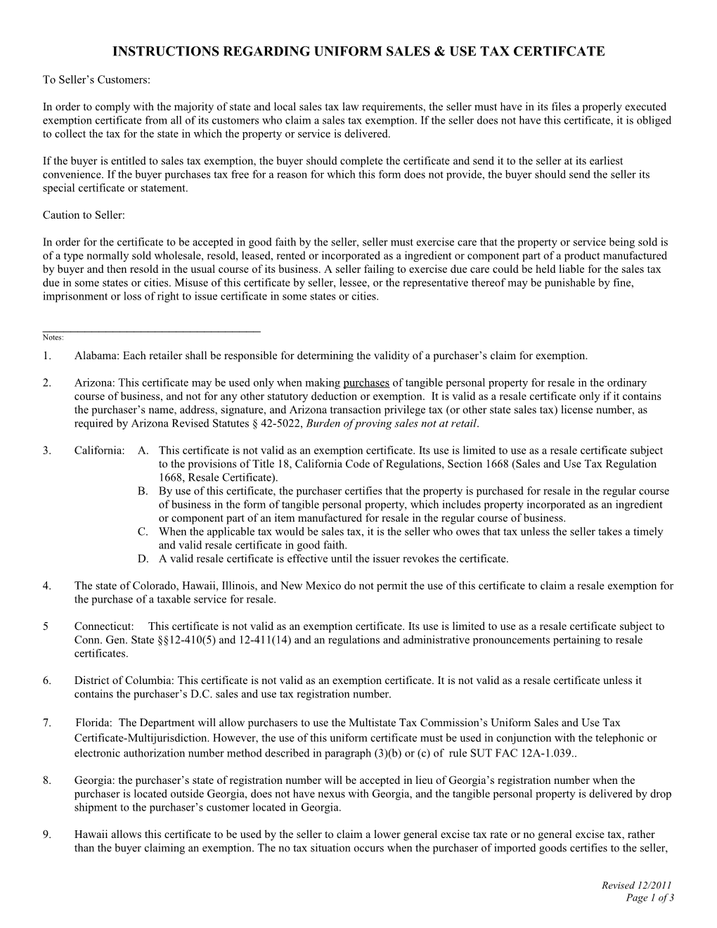 Uniform Sales & Use Tax Certificate Multijurisdiction