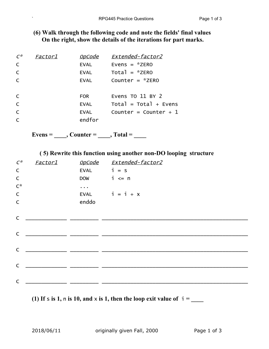 RPG445 Practice Questions Page 1 of 3