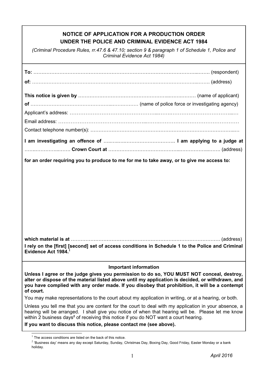 Notice of Application for a Production Order