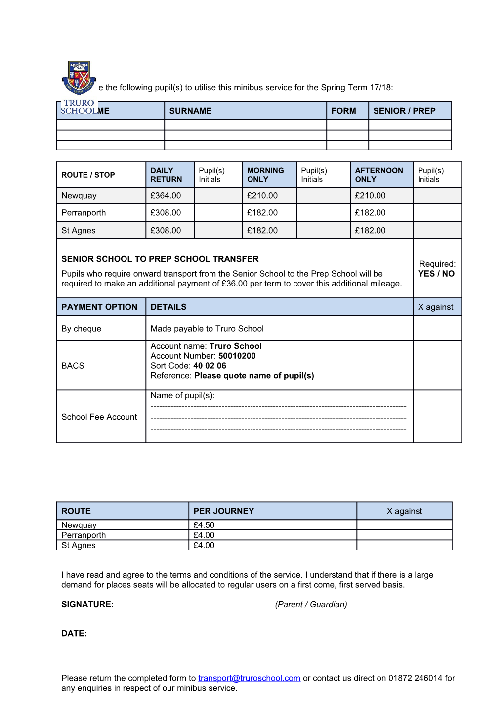 I Would Like the Following Pupil(S) to Utilise This Minibus Service for the Spring Term 17/18 s1