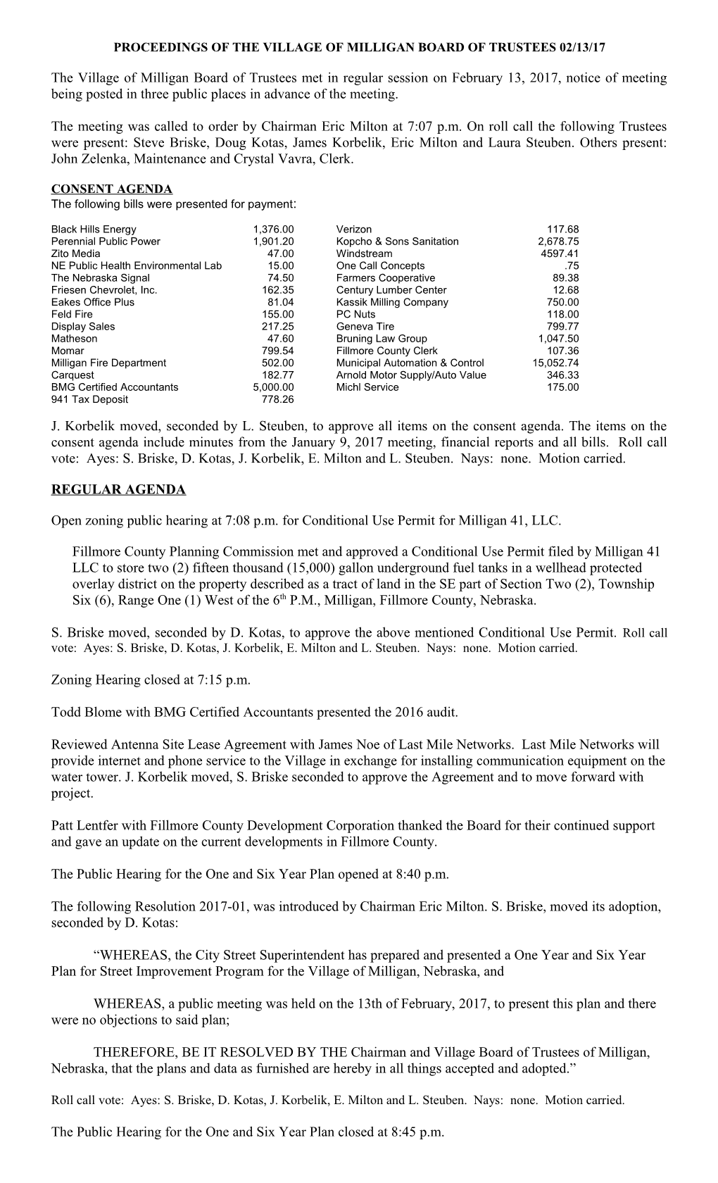 Proceedings of the Village of Milligan Board of Trustees 10/09/06