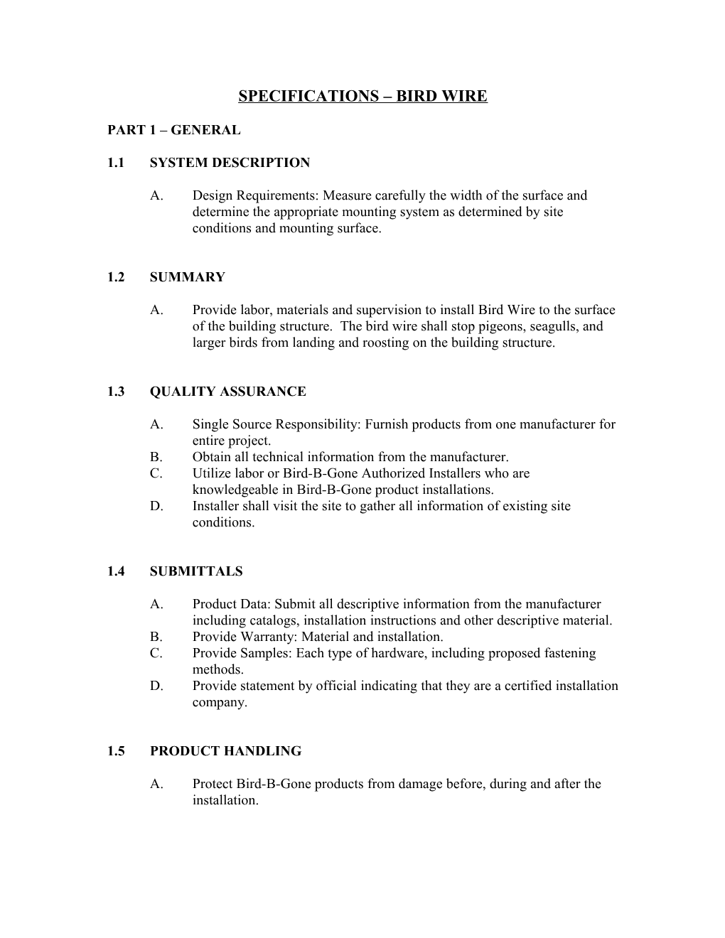 Specifications Bird Wire