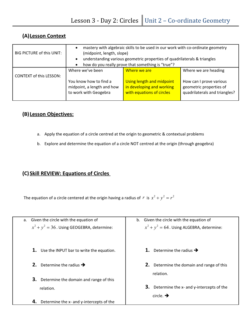 Grade 9 Integrated Math Lesson Notes Outline s1