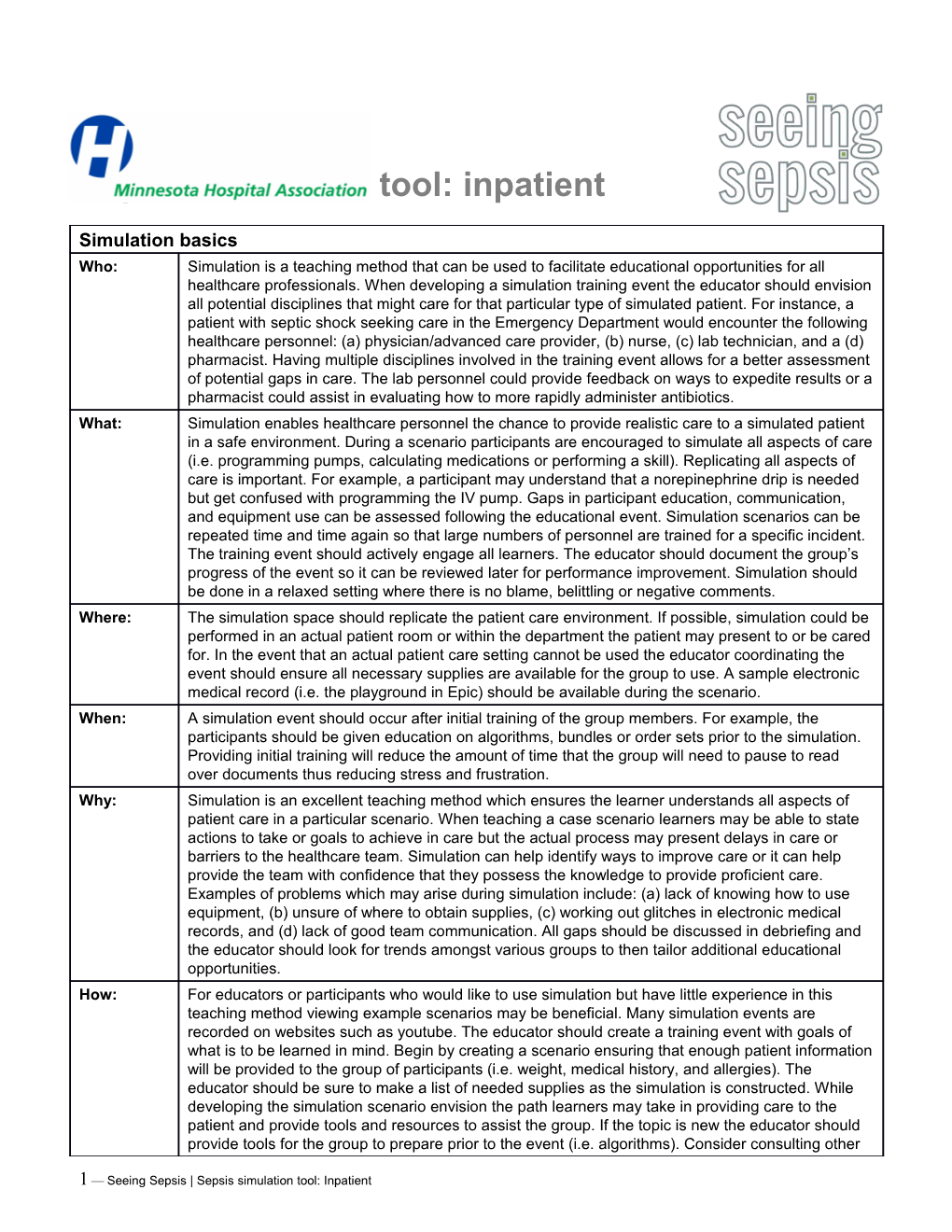 Sepsis Simulation Tool: Inpatient