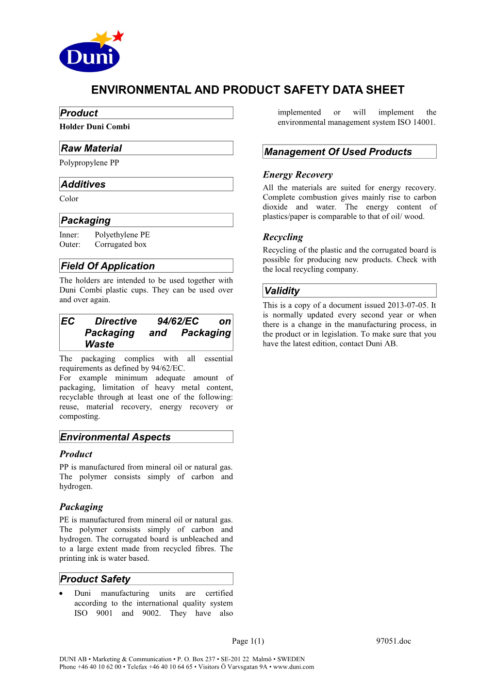 Environmental and Product Safety Data Sheet