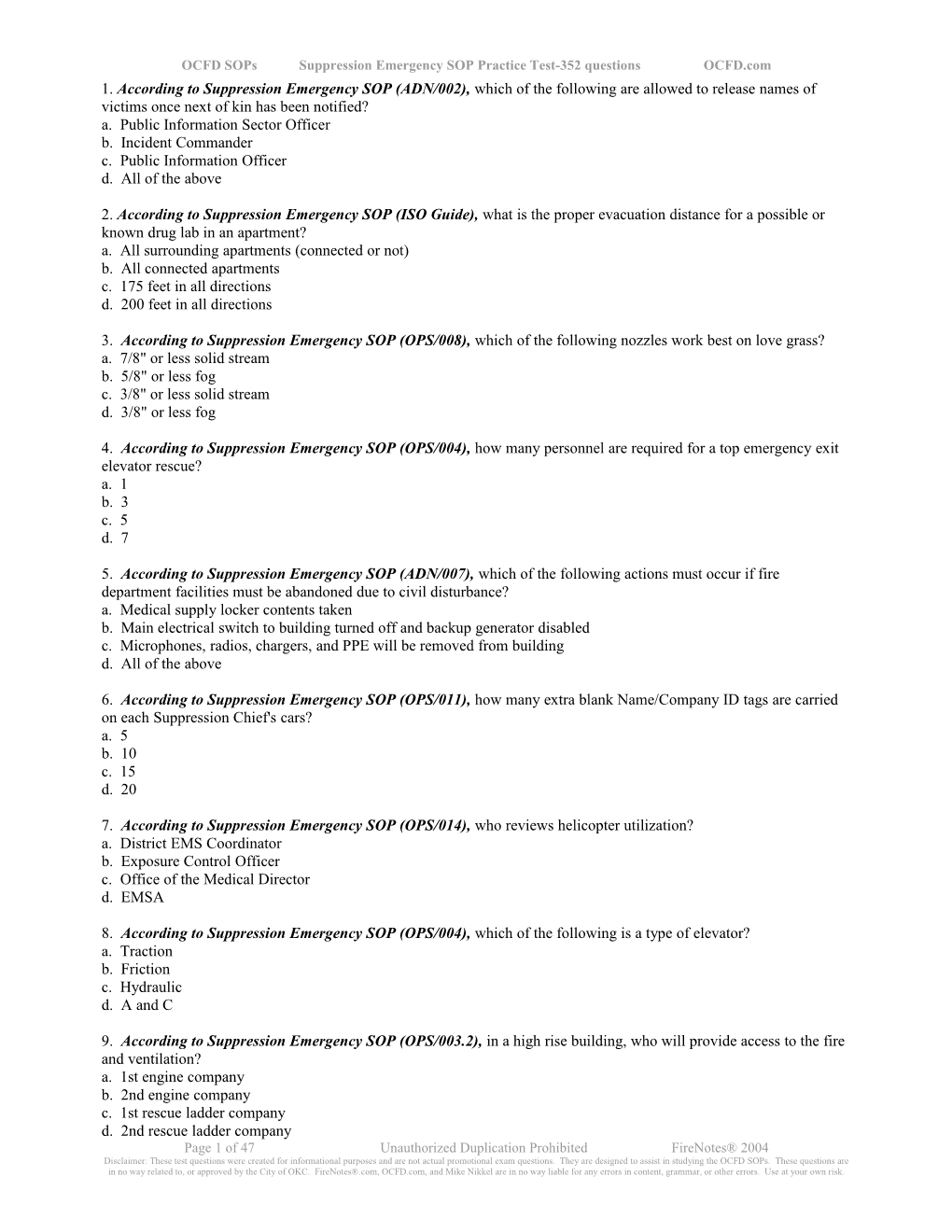 OCFD Sops Suppression Emergency SOP Practice Test-352 Questions OCFD.Com