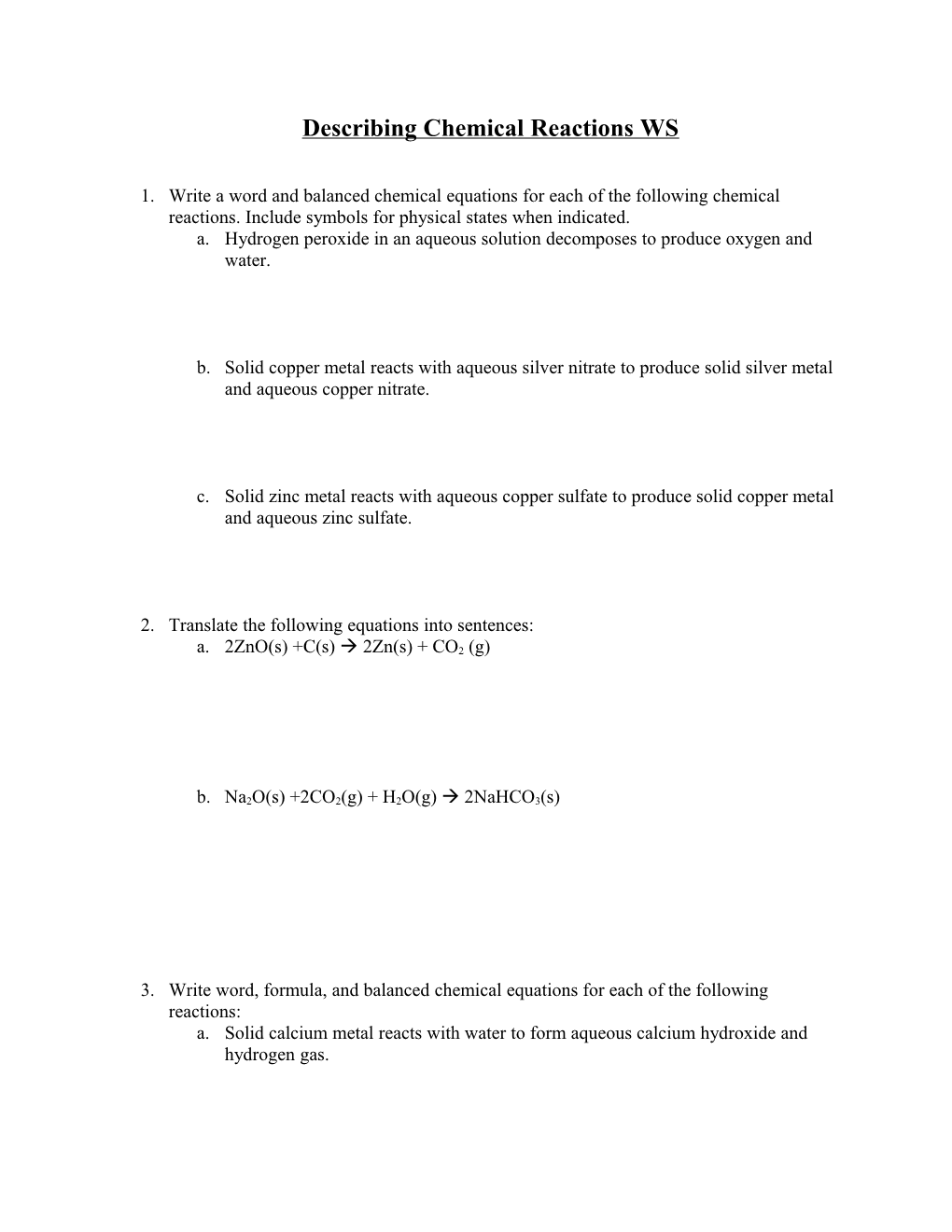 Describing Chemical Reactions WS