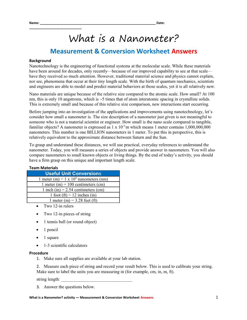 Measurement & Conversion Worksheet Answers