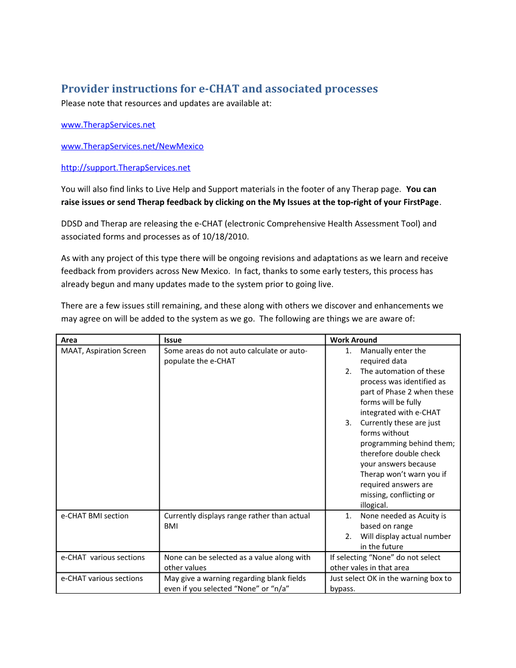 Provider Instructions for Echat and Associated Processes