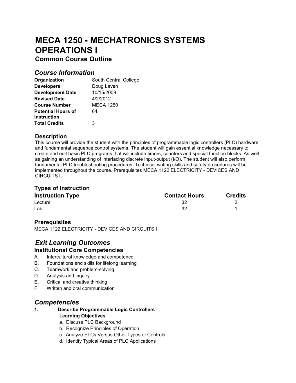 MECA 1250 - MECHATRONICS SYSTEMS OPERATIONS I Common Course Outline