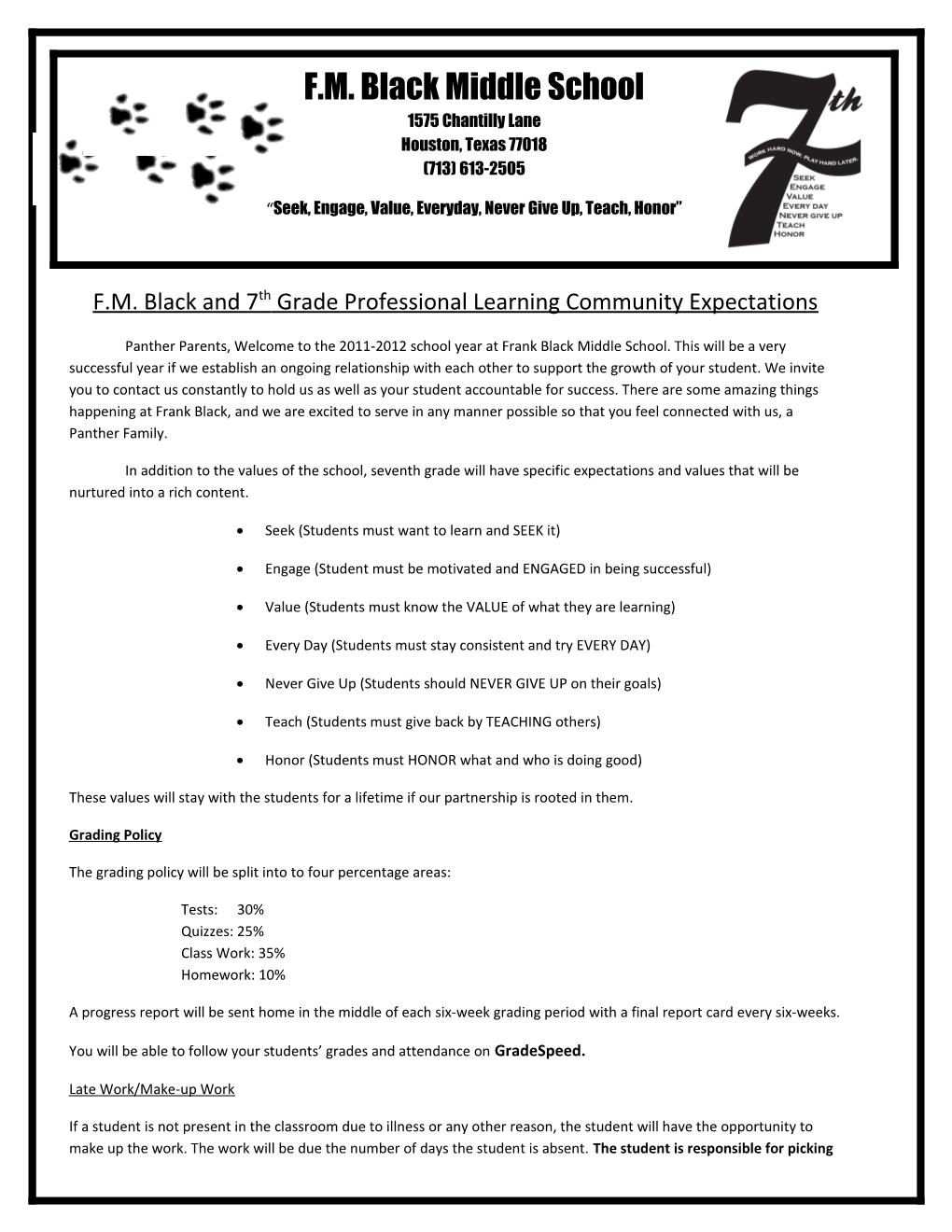 F.M. Black and 7Th Grade Professional Learning Community Expectations