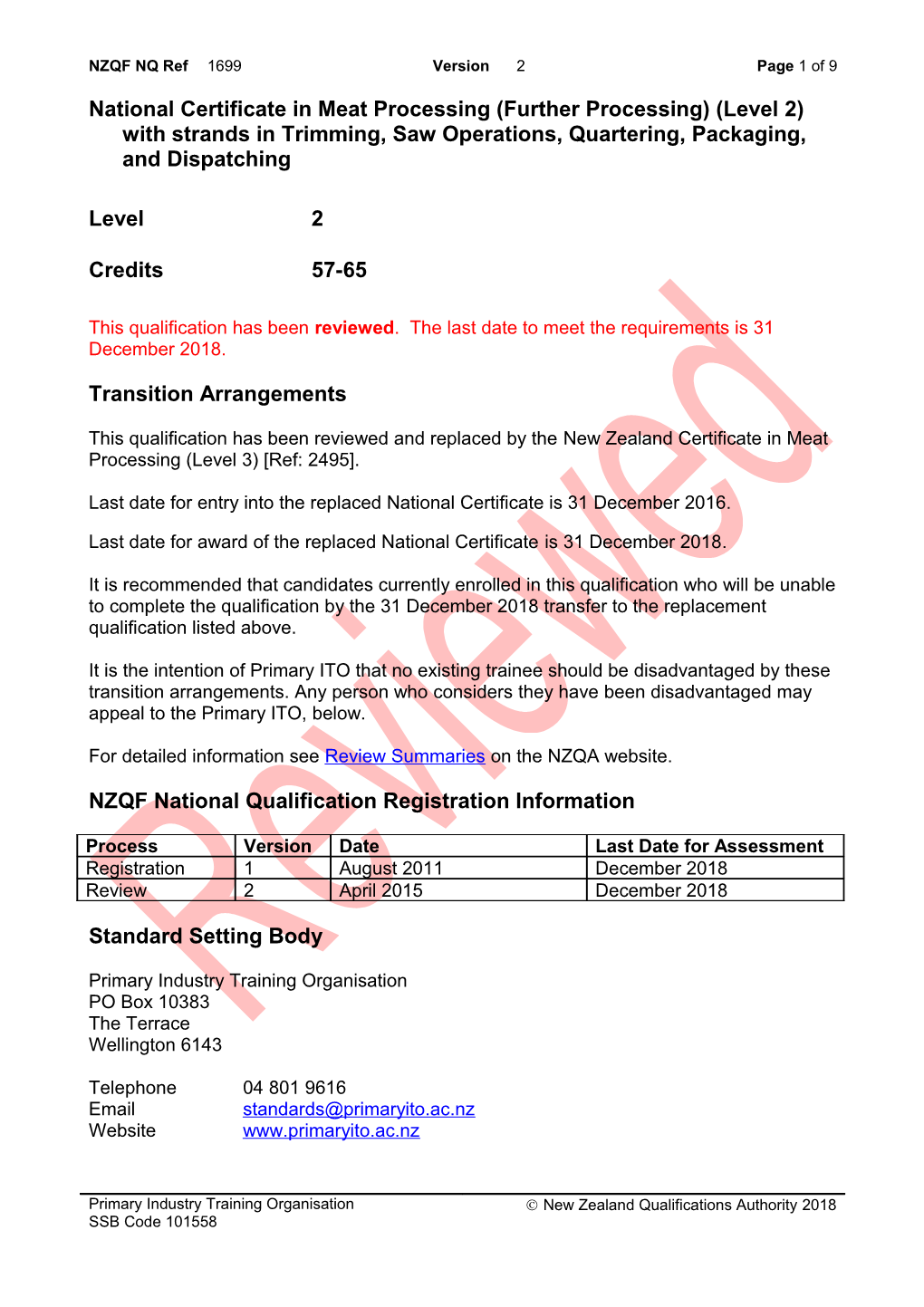 1699 National Certificate in Meat Processing (Further Processing) (Level 2) with Strands