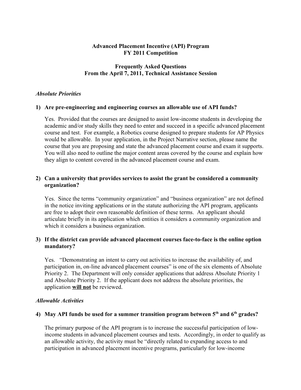 Faqs for Advanced Placement Incentive Program FY 2011 Competition