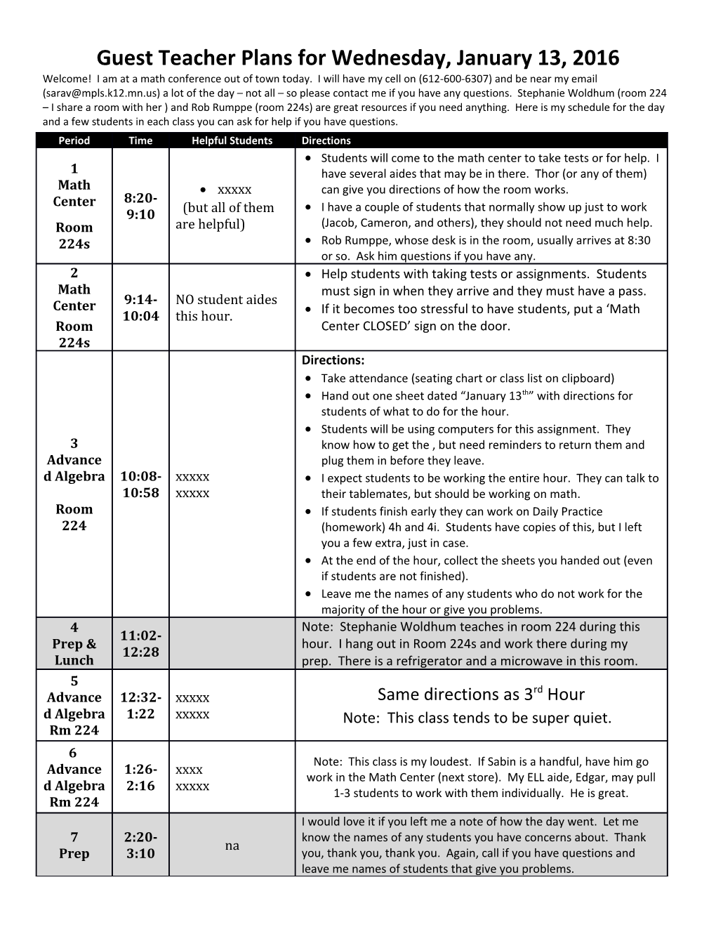 Guest Teacher Plans for Wednesday, January 13, 2016