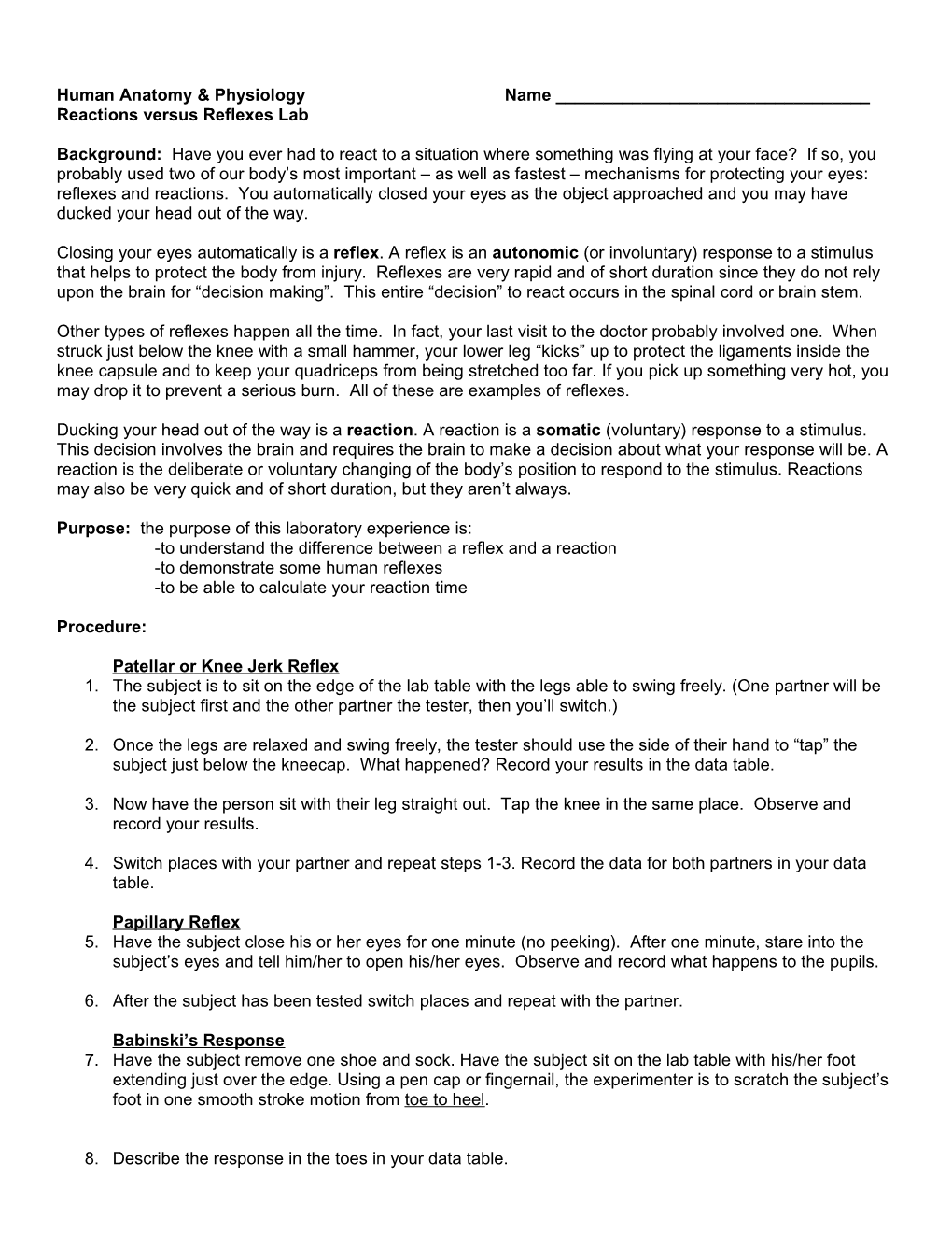 Reaction Time and Reflexes Lab #11