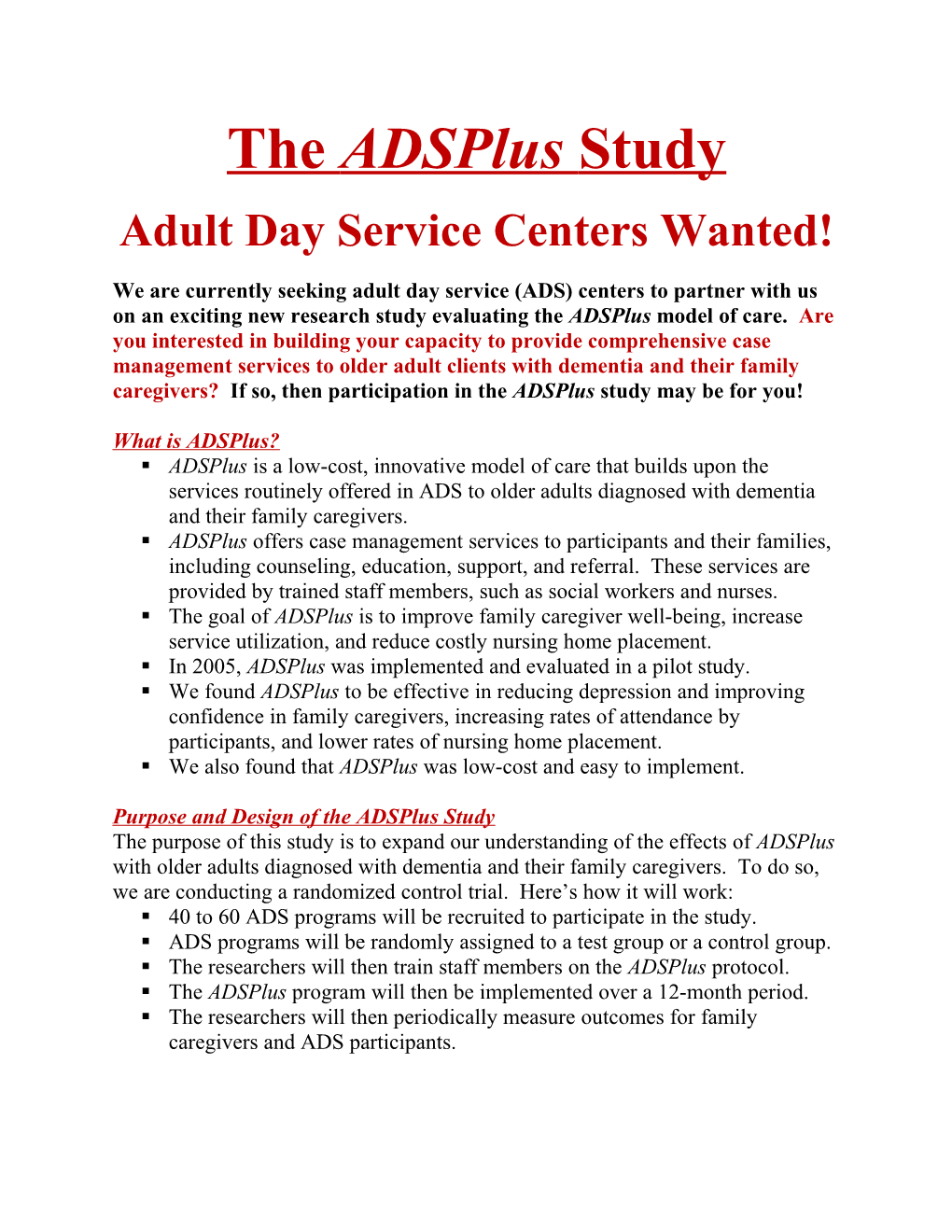 Adult Day Service Centers Wanted!