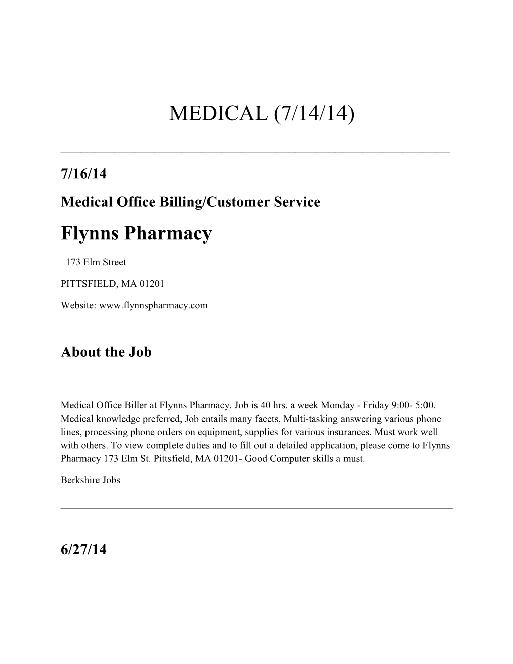 Medical Office Billing/Customer Service