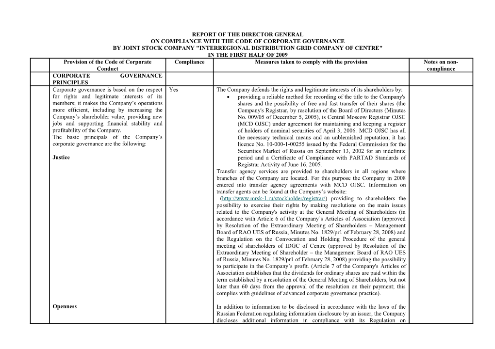 Report of the Director General on Compliance with the Code of Corporate Governance By