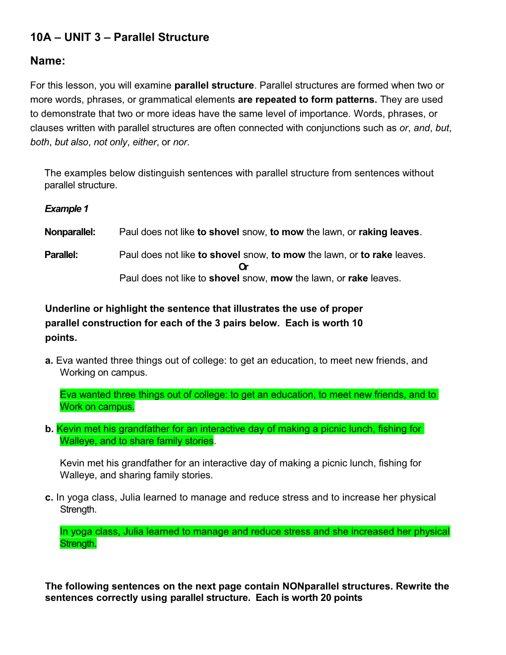 10A UNIT 3 Parallel Structure