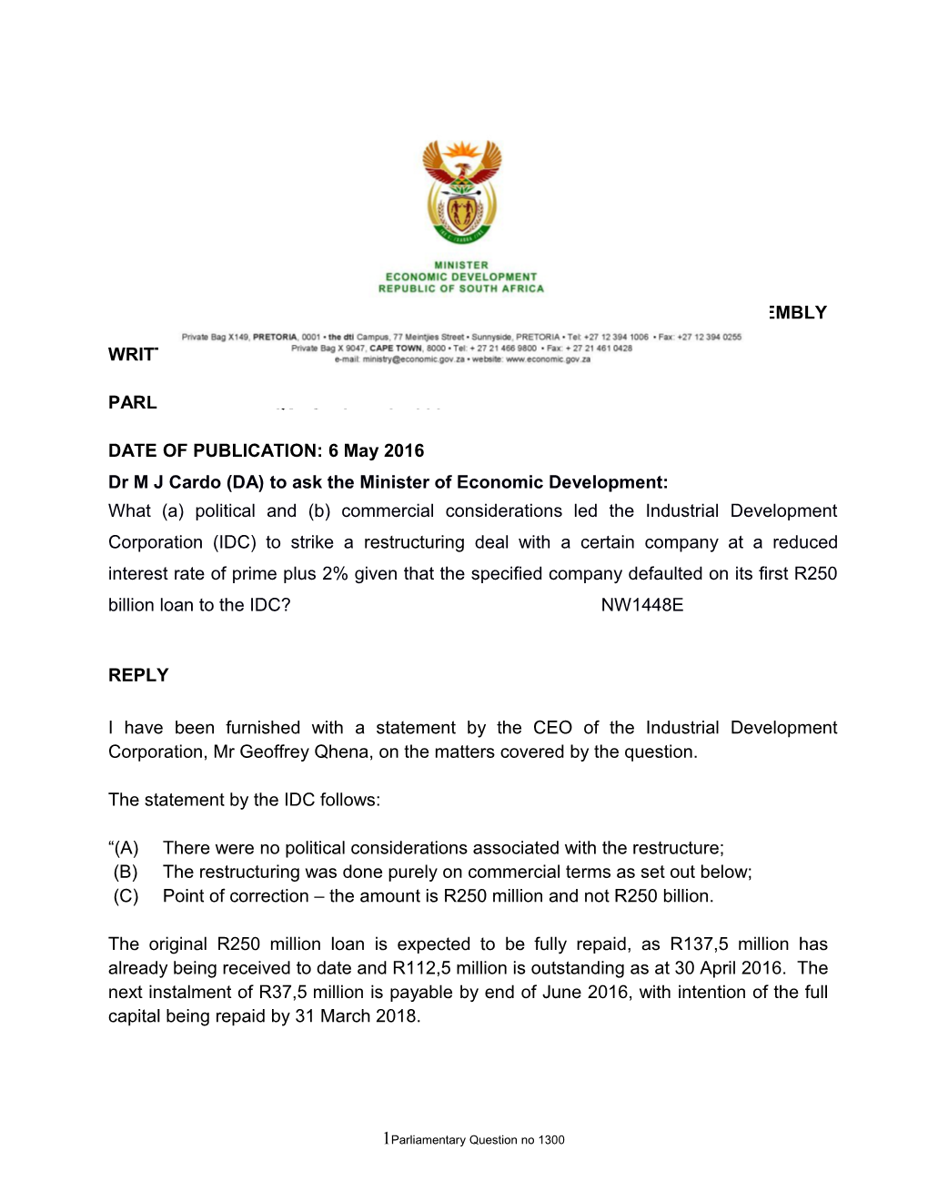 Parliamentary Question No 1300