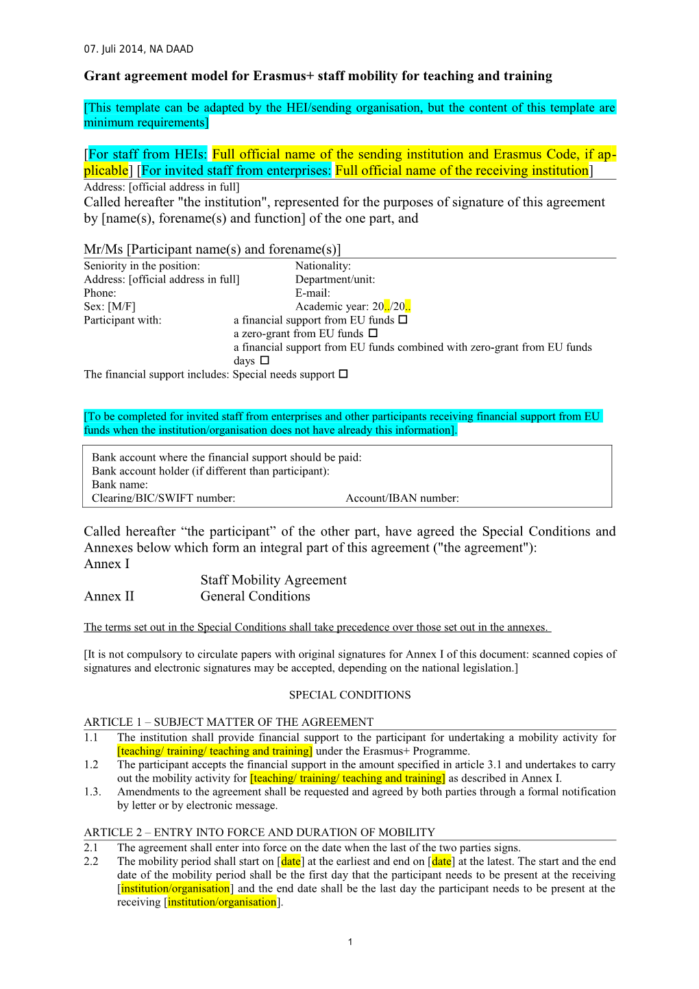 Grant Agreement Model for Erasmus+ Staff Mobility for Teaching and Training