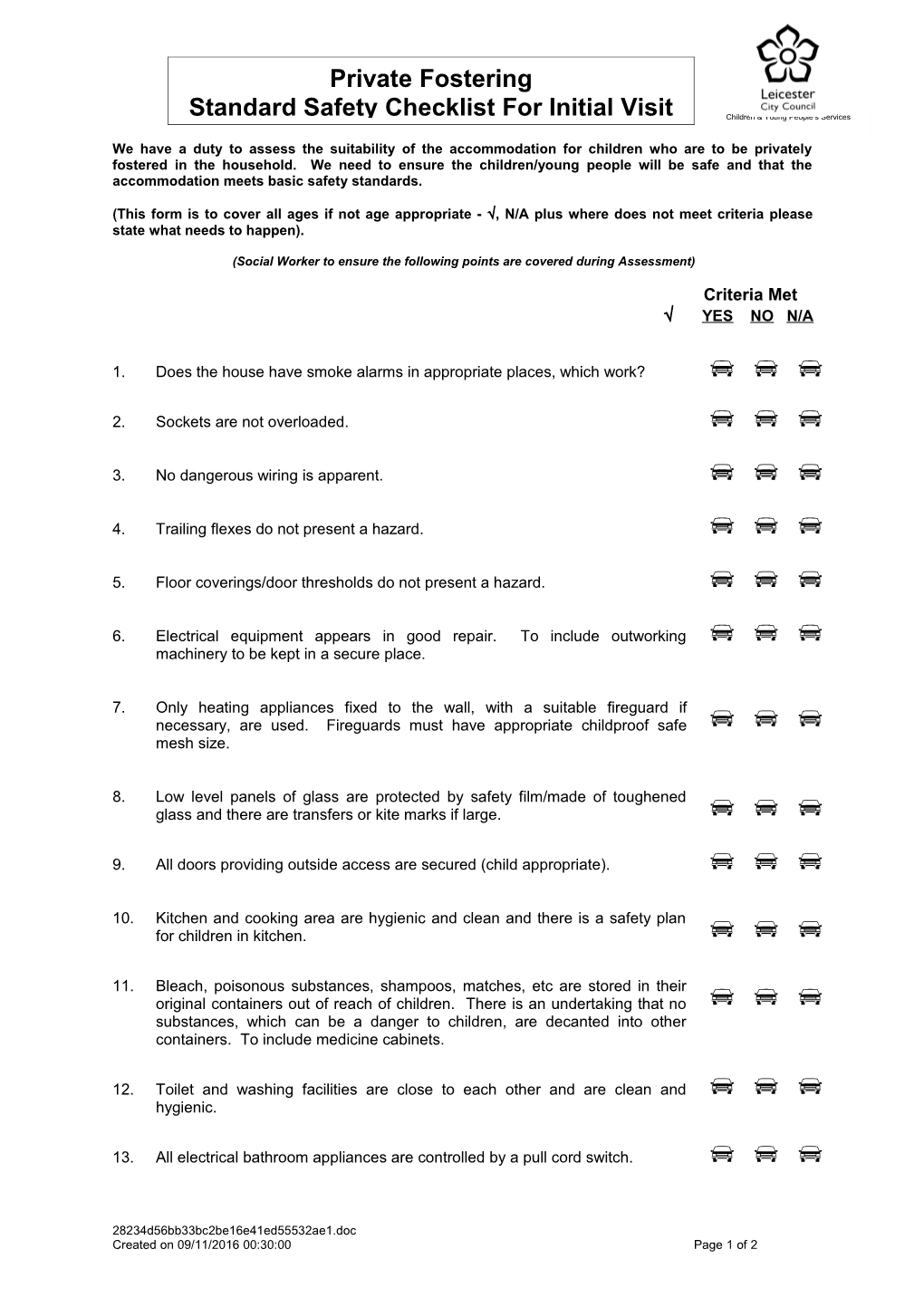 Check List for Initial Visit to Foster Carers